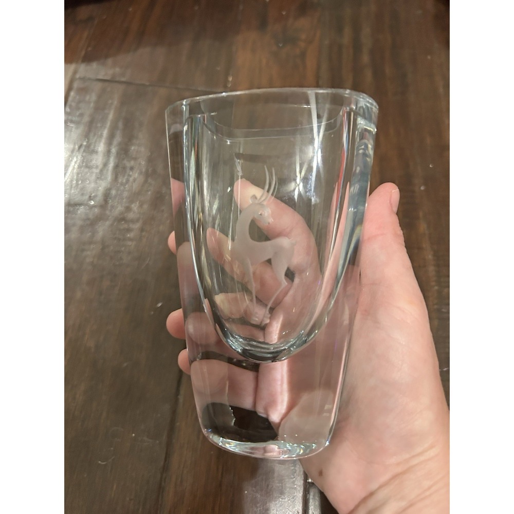 Vintage STROMBERGSHYTTAN Sweden Crystal Vase Etched Deer Design Signed
